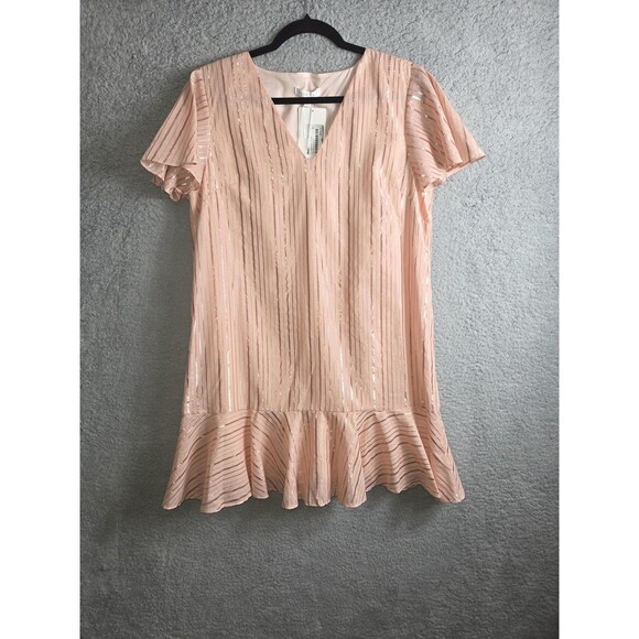 Anna Cate Veronica Dress S Peach Rose Gold V-Neck Ruffle Hem Metallic Stripe - Picture 5 of 10